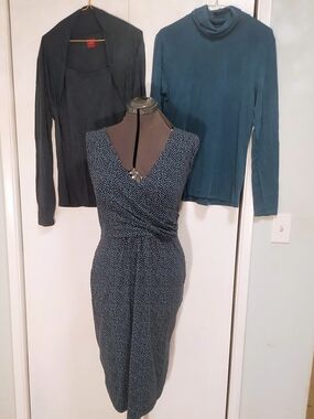 Sleeveless Midi Wrap Dress in Dark Teal Dot Print With Two Shirts